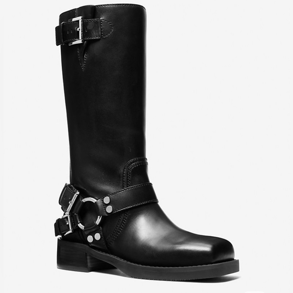 Michael Kors Crosby Black Leather Moto Boots Harness Buckle, Square Toe NIB - Picture 8 of 16